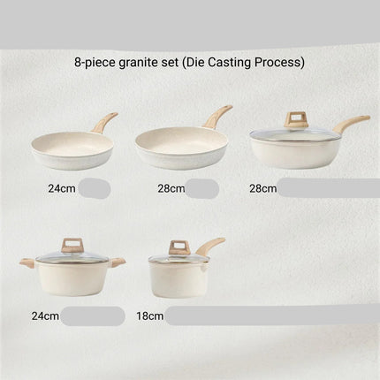 Set of eight granite cookware pieces with sizes and descriptions on a light gray background