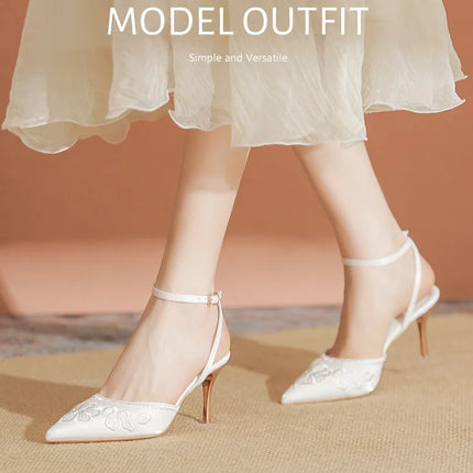 Women Fashion Pumps Woman 7cm Flower Heels High Heel Shoes Buckle Strap Silk Shallow Pointed Toe Sandals Lady Wedding Shoe white