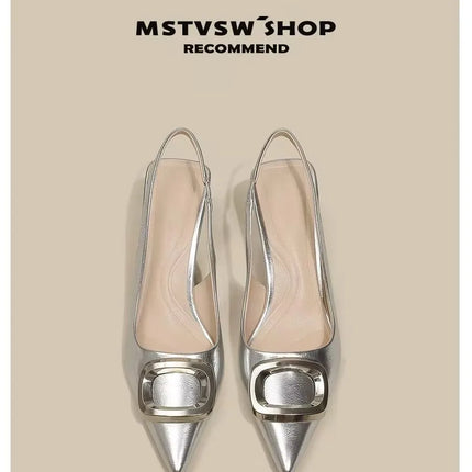 Brand Woman Slingback Shoes Fashion 2024 Spring New Ladies High Heels Elegant Med Heel Pointed Toe Slip on Sandal Mules