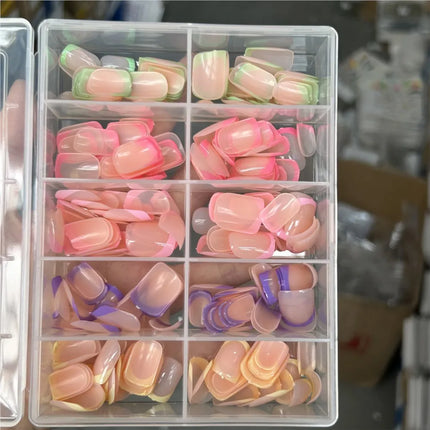 240PCS Candy Color French Short Square False Nails Pink/Green/Purple Full Cover