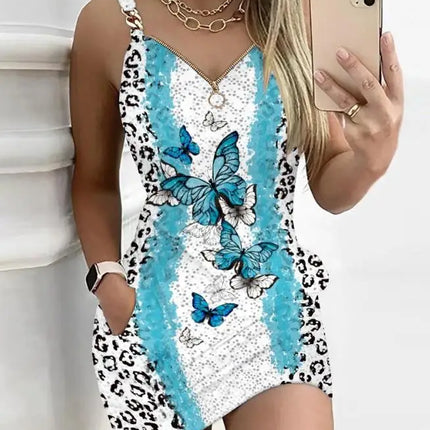 Y2K Fashion Women's Dress Casual Sexy Strap Sleeveless Denim Look Print Chain Decor Casual Dress 2025 Summer New Ottd