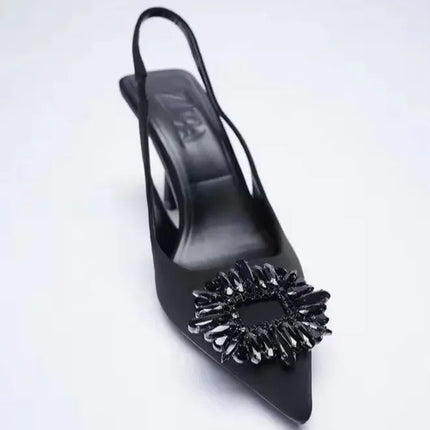 New High-heeled Sandal A Word Back Trip with Rhinestone Decorated Bao Head Sandal Pointed Single Shoe Shallow High Heels Women