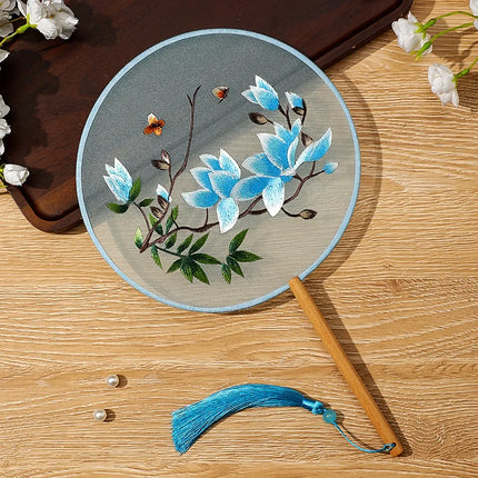 Embroidered Group Fan Ancient Style Fan Summer Long Handled Tassel Dance Hanfu Palace Fan Children's Cheongsam Round Fan