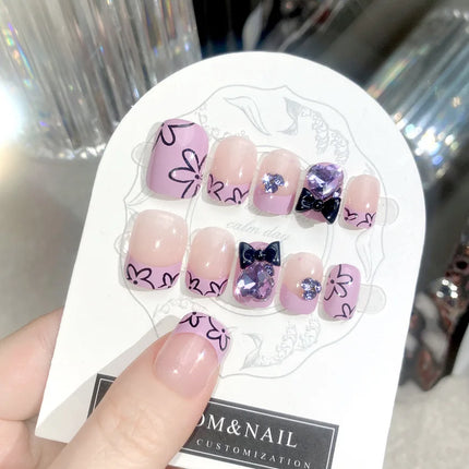 Blush Pink False Nails Bowknot Diamond Pearl 3D Design Press on Nail Tips