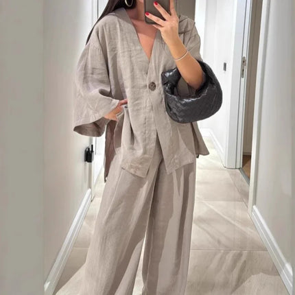 Casual Cotton Linen Loose Long Pants Suits Fashion Half Bubble Sleeve V-neck One Button Shirt Sets