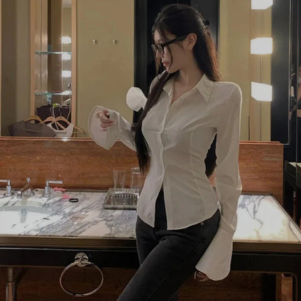 Gidyq Fashion Women Bandage Shirts Korean All Match Streetwear Female Slim Blouse Spring Casual White Bell Sleeve Shirt New