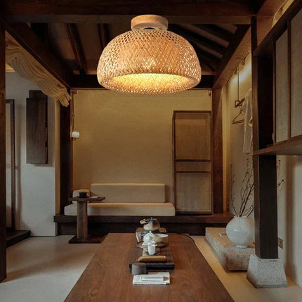 Handmade Boho Bamboo Wicker Ceiling Light Fixture Traditional Farmhouse Bedroom Nursery Hallway Corridor Mount Ceiling Light