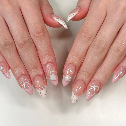 24PCS Wine Red Almond Press on Nails Cartoon Rabbit Bowknot