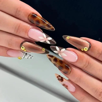 24pcs Leopard Print Almond Fake Press on Nails with Mini Flower Acrylic