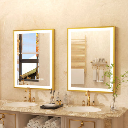LED Bathroom Vanity Mirror Gold Frame Front Lighted Aluminum Rectangle Beveled Edge Tricolors Stepless Dimmable