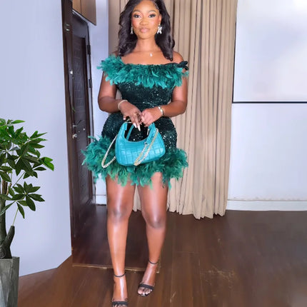 Spring And Summer Women's Clothing MINI Short Solid Color New Wind Sequins Halter Beach Dress One-word Shoulder Feathers Spice G