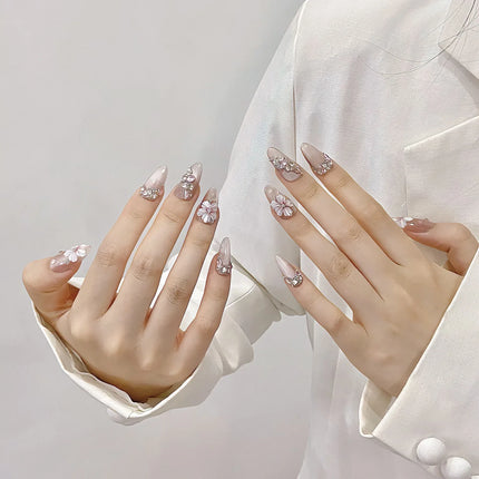 10Pcs Reuse Finished Fake Nails with Butterfly Deisgn Pink Cat's Eye French