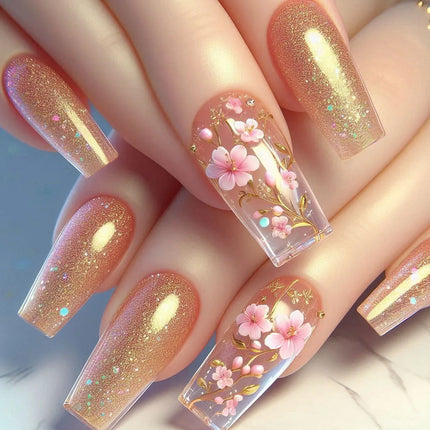 24pcs Short Square Press on Nails Jade Flower Sparkling