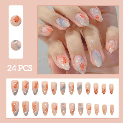 24pcs White Flower Fake Nail Tips Ins Yellow Pink Blush False Nails