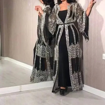 Sequined Maxi Dress with Belt, Large Swing Type, Loose Full Flare Sleeve, Summer Dress, Banquet