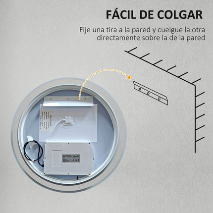 Kleankin round bathroom mirror with adjustable LED lights Ø 60 cm anti fog Silver