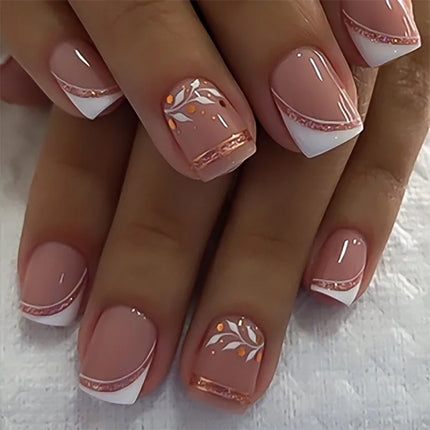 24pcs Short Square Press on Nails Jade Flower Sparkling