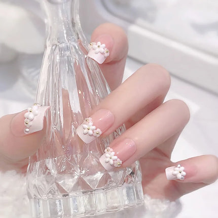 24Pcs Short Almond Press-On Nails Pink Floral French Tip Glossy&Elegant Full Cover