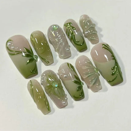 24Pcs Peach Blossom Press on Nails Cat's Eye Nude Glitter False Nail