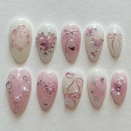 24PCS Wine Red Almond Press on Nails Cartoon Rabbit Bowknot