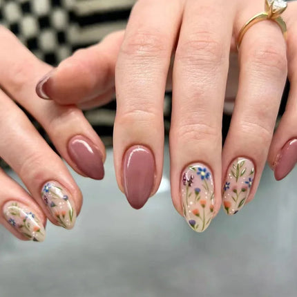 24Pcs Short Almond Press-On Nails Pink Floral French Tip Glossy&Elegant Full Cover