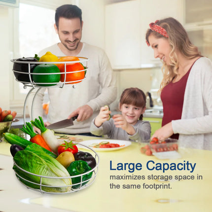 2-Tier Fruit Basket, Metal Fruit Bowl, Bread Baskets, Fruit Holder, Large Fruit Stand Organizer With Banana Hanger, Black