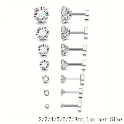 7pcs/Set Stainless Steel Crystal Flat Studs Women Men Bar Screw Back Tragus Round Clear Cubic Zirconia Piercing Earrings Jewelry