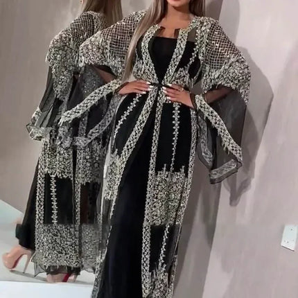 Sequined Maxi Dress with Belt, Large Swing Type, Loose Full Flare Sleeve, Summer Dress, Banquet