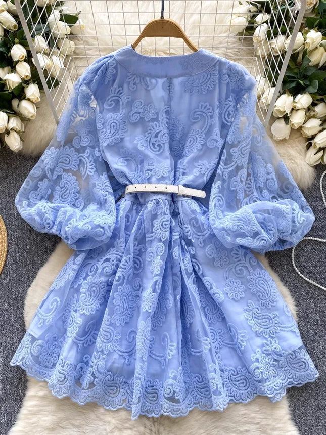 France Elegant Vintage Palace Evening Dress Women Embroidery Sashes Short Party Dress Female Design Casual Holiday Clothing New