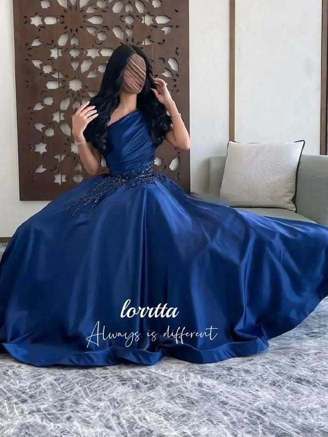 Luxury Woman Women's Evening Dress Dark Blue Satin Glitter Trim Line A Graduation Dresses