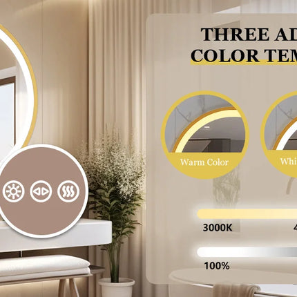 Bathroom Mirror with LED 60/80cm Round Illuminated Wall Mirror Aluminum Gold Frame Anti-fog 3 Lighting Color Memory Function