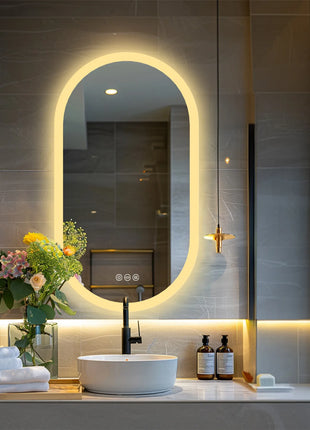 Backlit Smart LED Bathroom Mirror: Oval Dimmable 3 Colors Anti-Fog Mirrors with Light Memory - IP65 CRI95 Large Wall Mounted