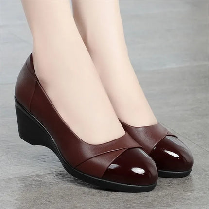 light weight black spring comfort slip on wedge heel shoes lady cool black leather heel