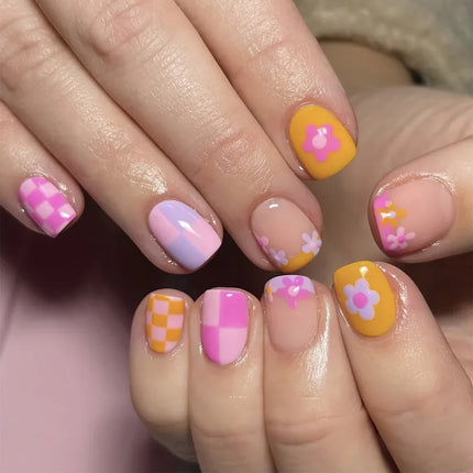 24Pcs Short Almond Press-On Nails Pink Floral French Tip Glossy&Elegant Full Cover