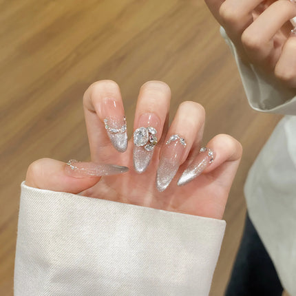 10Pcs Reuse Finished Fake Nails with Butterfly Deisgn Pink Cat's Eye French