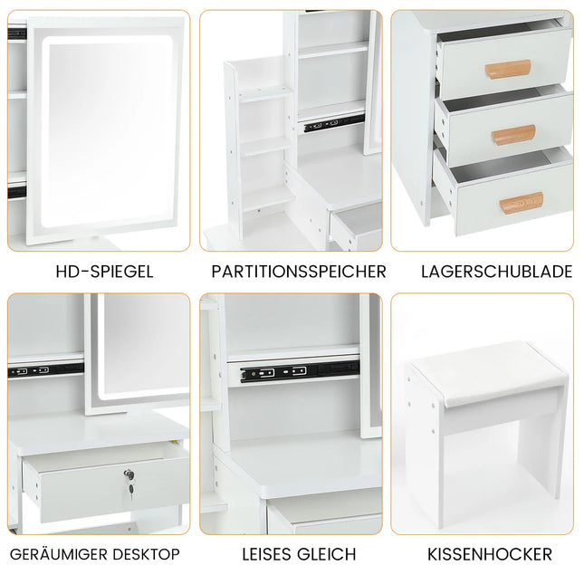 Dressing Table with LED Lights and Adjustable Brightness, Vanity Desk with Mirror, 4 Drawers, 6 Hidden Shelves, and Stool