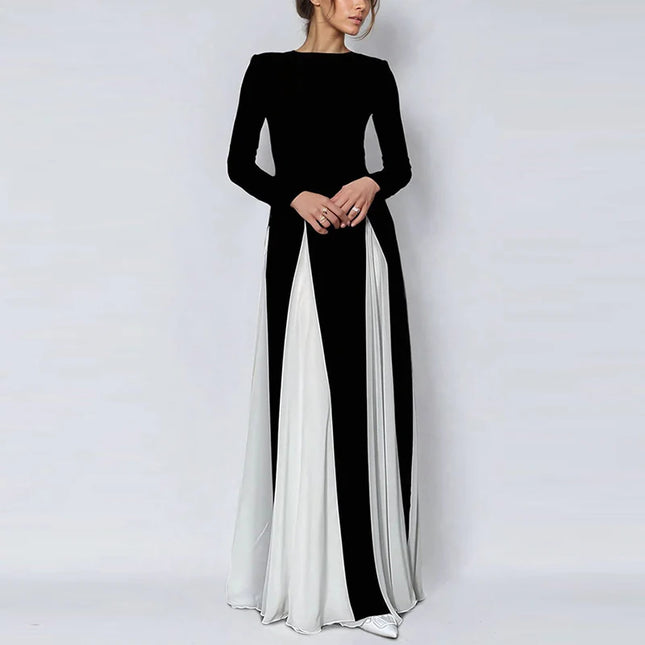 Elegant Color Blocked Pleated Robe Dress Fashion Women's O Neck Long Sleeved Party Dress 2024 Fall Casual High Waist Maxi Dress