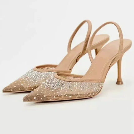 Luxury Designer Shiny Rhinestone Mesh Heeled Sandals Women Summer