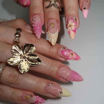 24Pcs Mid-length Almond False Nails Press on 3D Flower Design