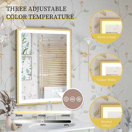 LED Bathroom Vanity Mirror Gold Frame Front Lighted Aluminum Rectangle Beveled Edge Tricolors Stepless Dimmable