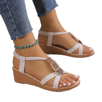 New Style Round Toe Wedge Heel Metal Decorated Fashionable Women's Shoes Flat Wear-resistant Comfortable Casual Sandals