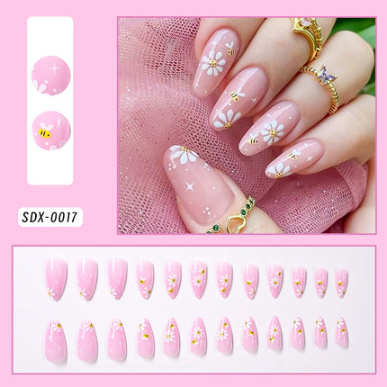 24Pcs Gold Ripple Brown Flowers False Nails with Rhinestones Pearl Design
