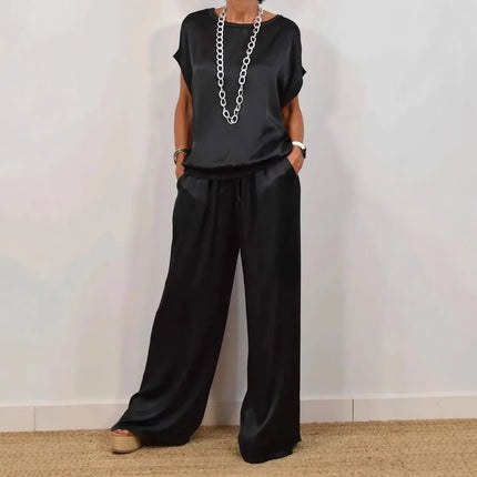 Casual Loose Satin T Shirt Pants Two Piece Sets Women Fashion O-neck Short Sleeve T Shirts Suit Spring Summer