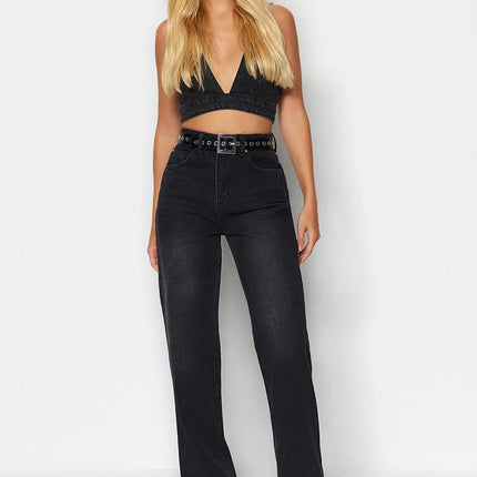 Trendyol TYZA Women's Jeans Casual Beltless Wide Leg Denim Plain Jeans Wide Leg Casual Pants Denim Pants