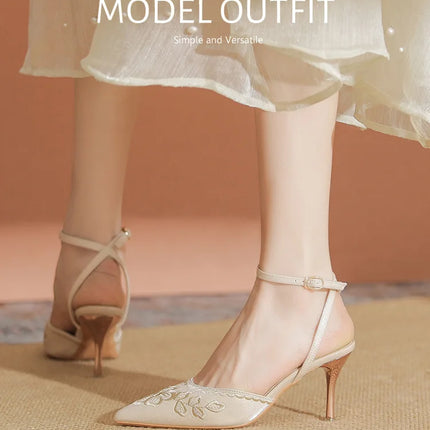 Women Fashion Pumps Woman 7cm Flower Heels High Heel Shoes Buckle Strap Silk Shallow Pointed Toe Sandals Lady Wedding Shoe white
