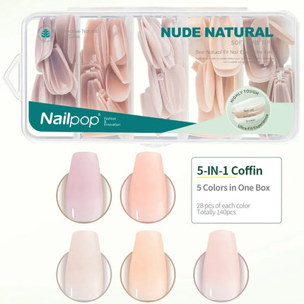 Nailpop 3-IN-1 Nude Natural Soft Nail Tips Set 140PCS Skin Tones Press on Nails