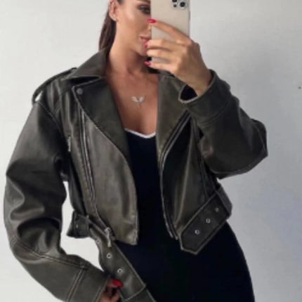 2024New Coal graysty le Women's washed leather jacket with belt, short coat with downgraded zipper and vintage lapel jacket