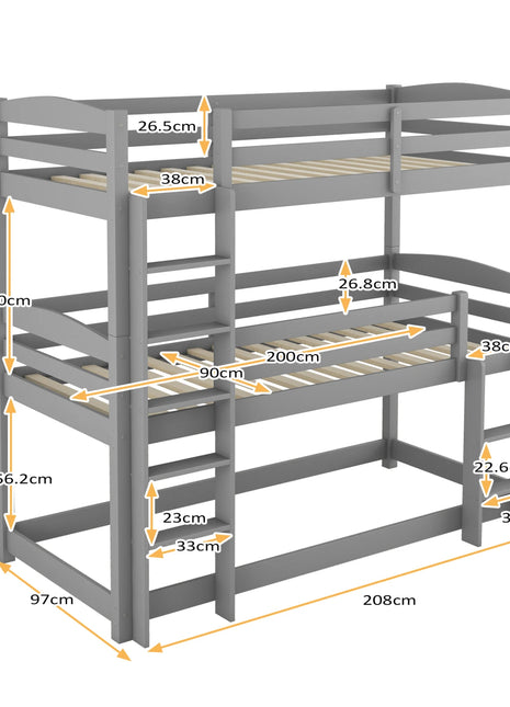 Triple Bunk Bed, Children's Bed, Single-Size, Solid Wood Bed, With Slatted Frame and Fall Protection, 90 x 200 cm, Gray