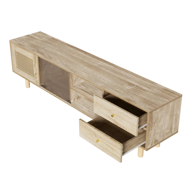 TV cabinet with rattan door, open compartments , solid Wood Legs and sliding glass doors, with drawers,  Ample Storage Space