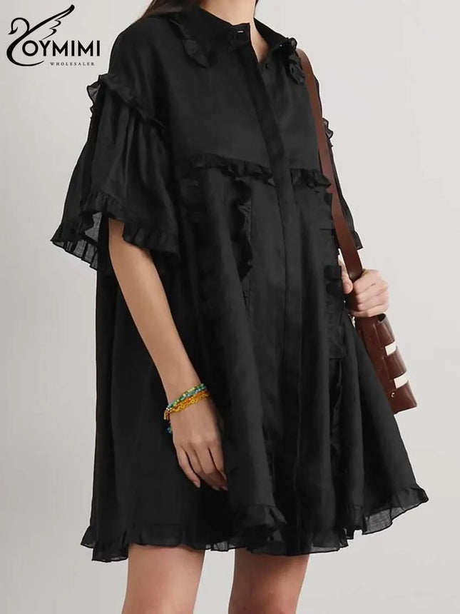 Oymimi Fashion Black Cotton Women's Dress Elegant Ruffled Short Sleeve Loose Dresses Casual New Straight Mini Dresses Streetwear